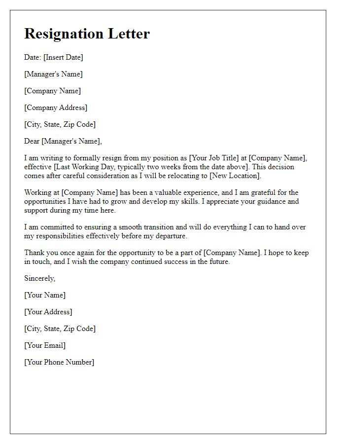 Letter template of resignation from engineering role for relocation