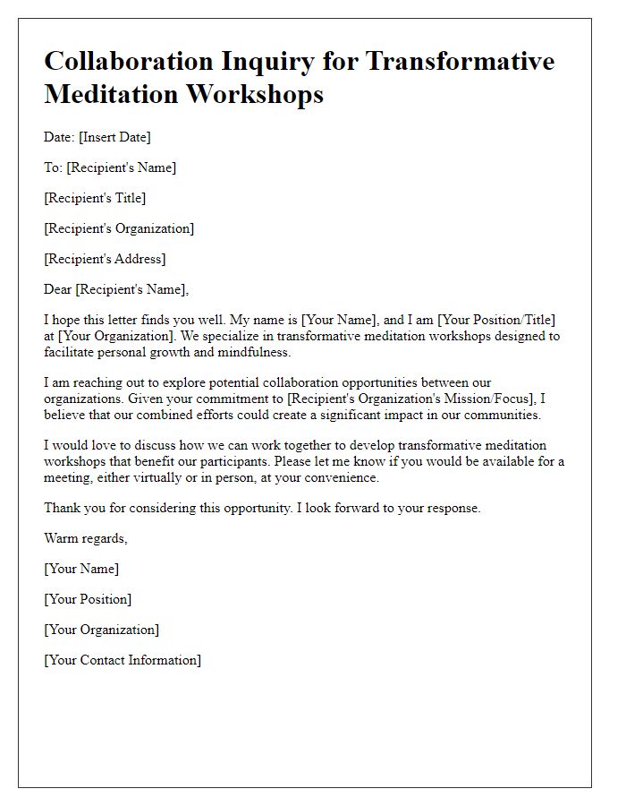 Letter template of collaboration inquiry for transformative meditation workshops