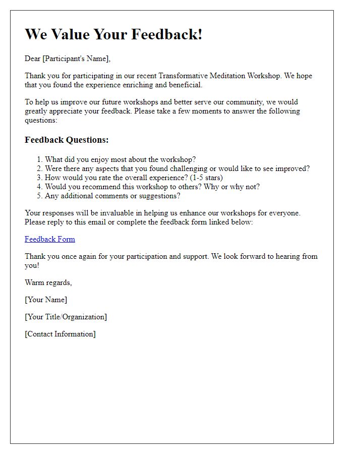 Letter template of feedback request for transformative meditation workshops