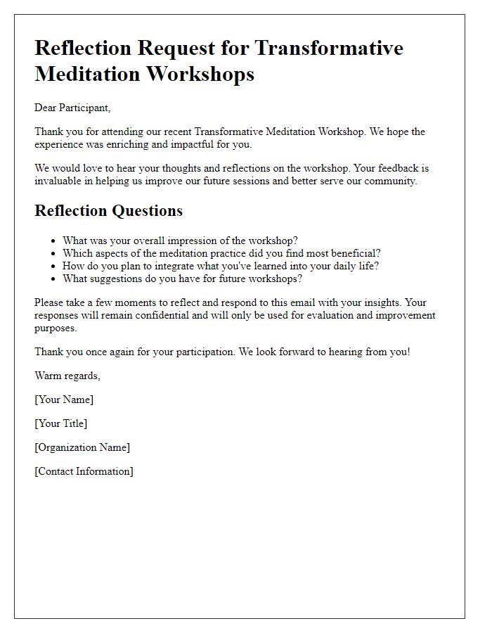 Letter template of participant reflection request for transformative meditation workshops