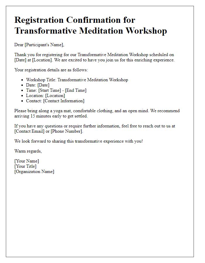 Letter template of registration confirmation for transformative meditation workshops