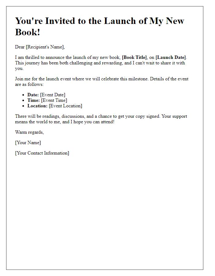 Letter template of announcement for book launch event during publishing journey