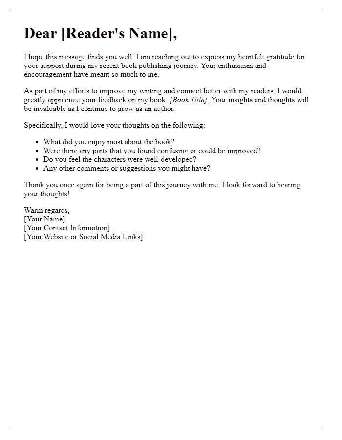 Letter template of feedback request from early readers after book publishing journey