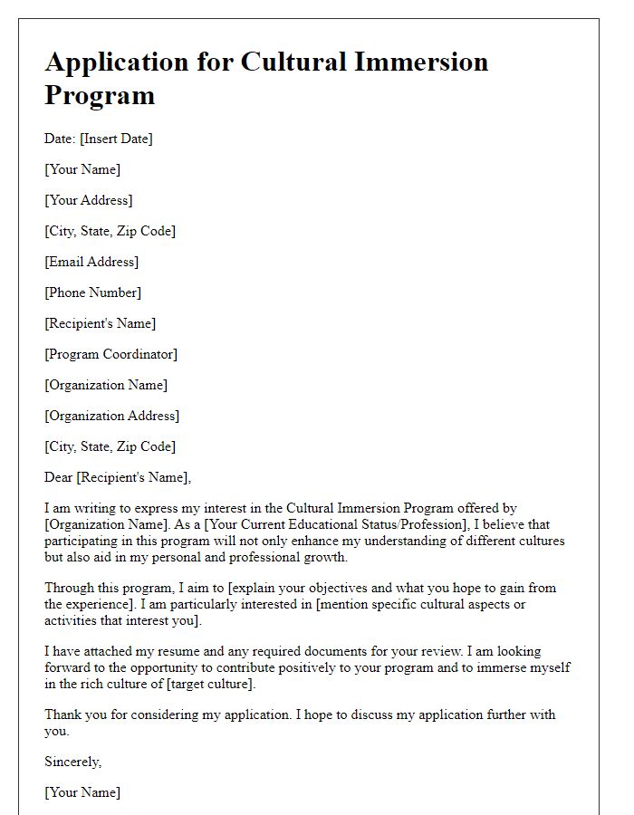 Letter template of application for cultural immersion program