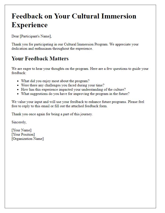 Letter template of feedback for cultural immersion program participants