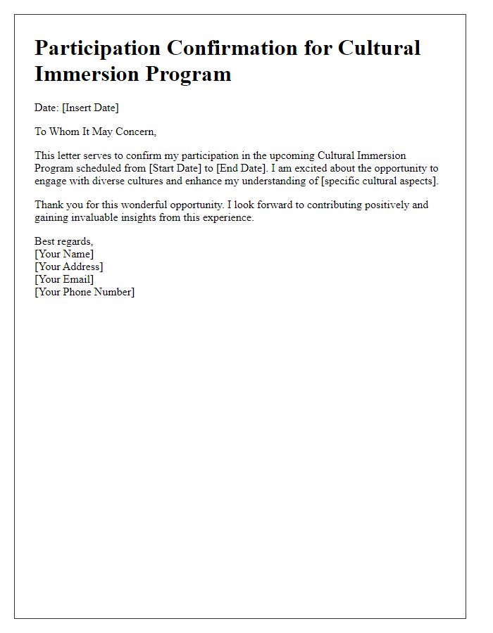 Letter template of participation confirmation for cultural immersion program