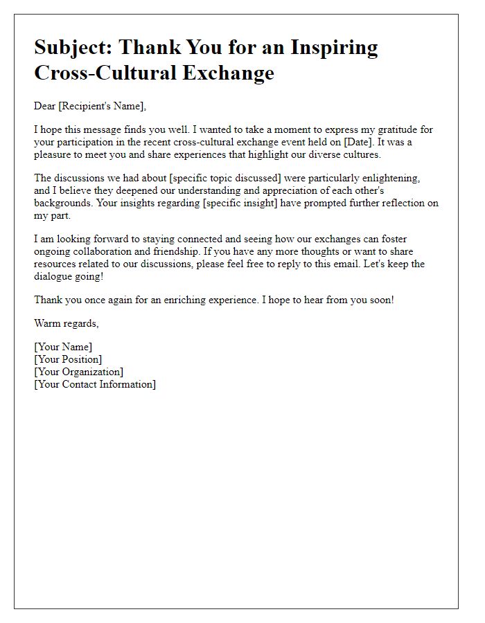 Letter template of follow-up communication after a cross-cultural exchange event