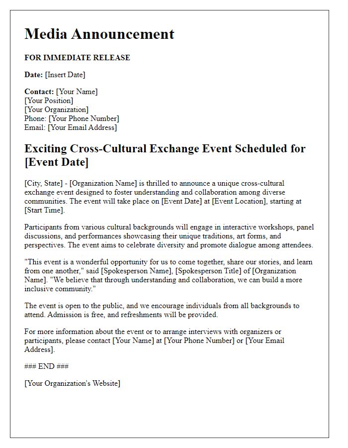 Letter template of media announcement for a cross-cultural exchange event