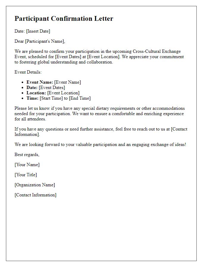 Letter template of participant confirmation for a cross-cultural exchange event