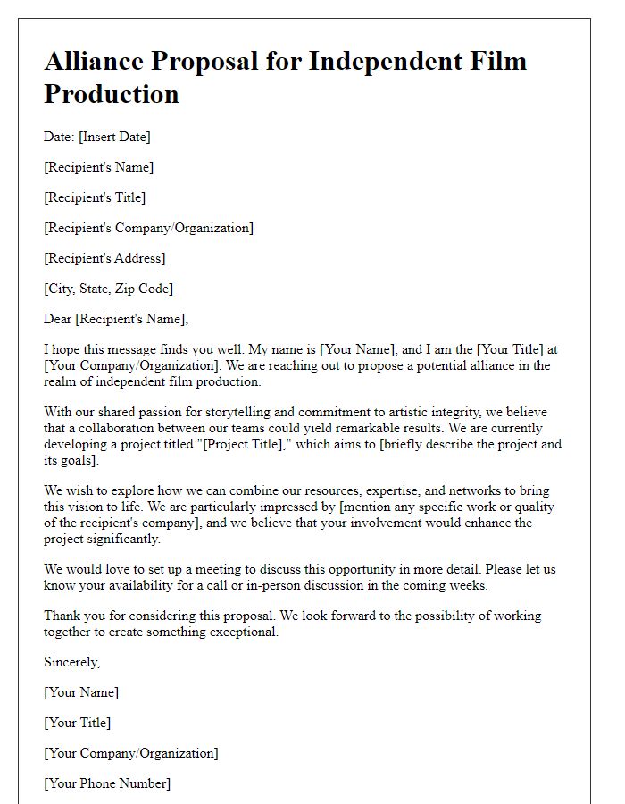 Letter template of alliance proposal for independent film production