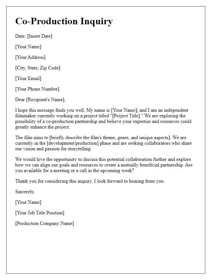 Letter template of co-production inquiry for independent filmmakers