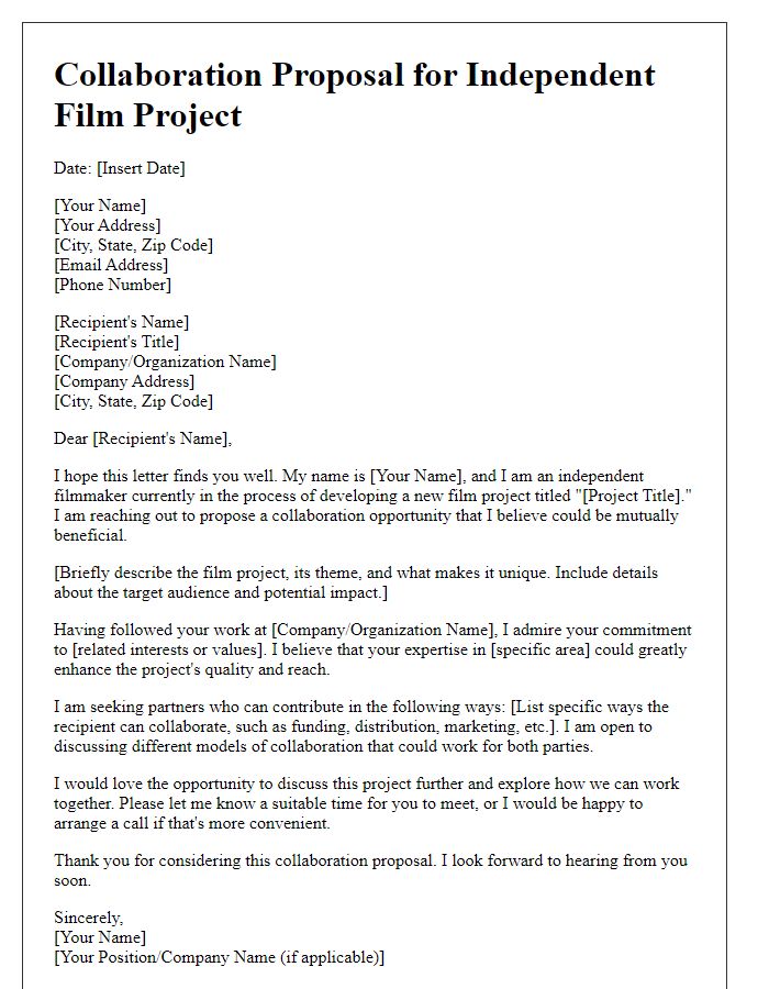 Letter template of collaboration proposal for independent film projects