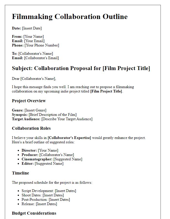 Letter template of filmmaking collaboration outline for indie artists