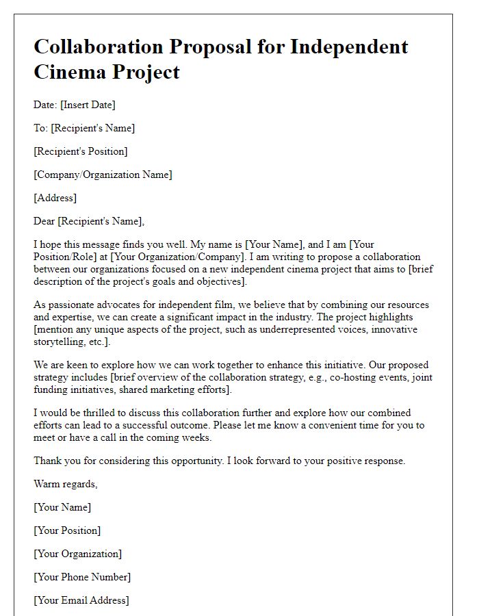 Letter template of project collaboration suggestion for independent cinema