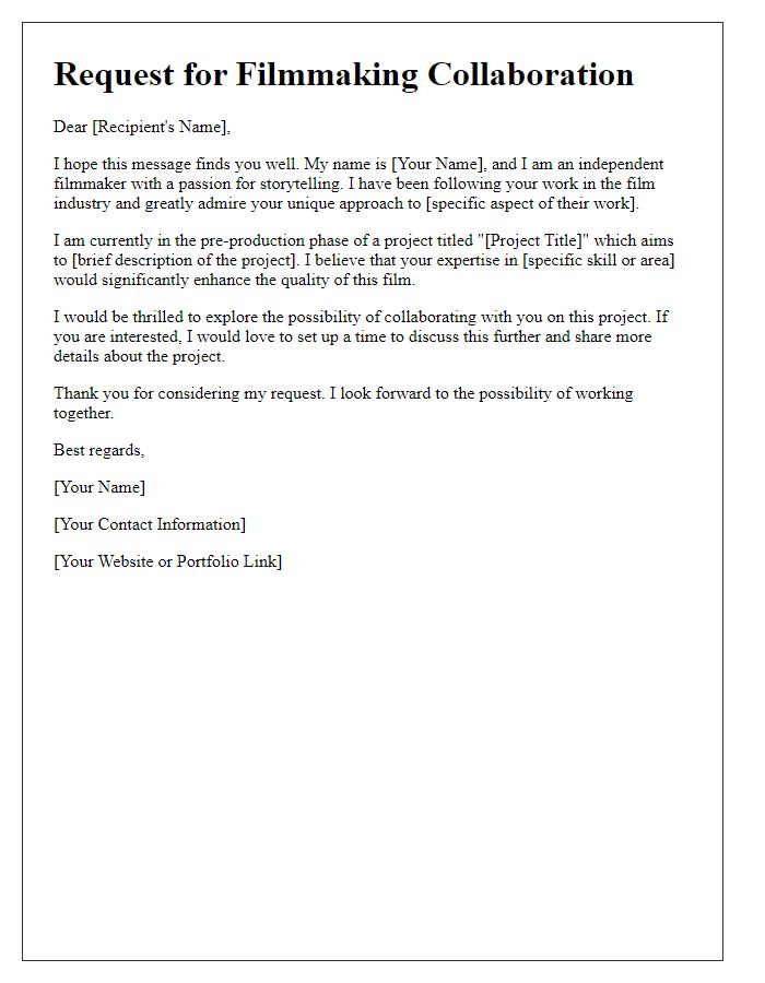 Letter template of request for filmmaking collaboration among independent creators