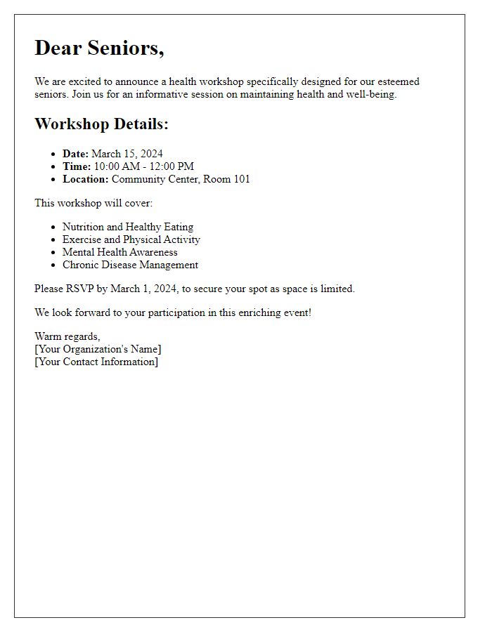 Letter template of notification for seniors' health workshop