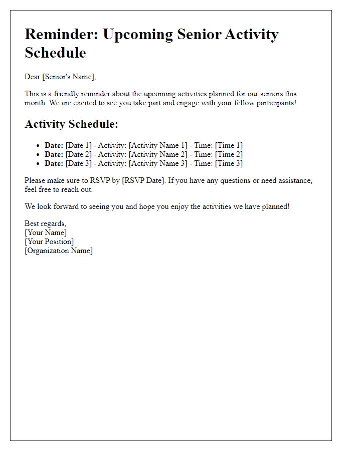 Letter template of reminder for seniors' activity schedule