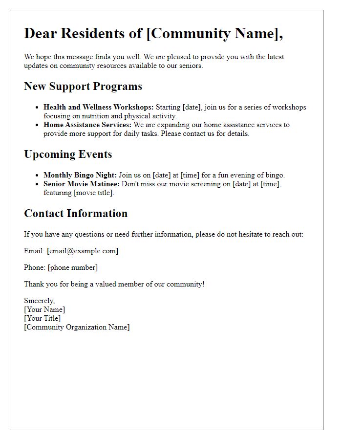 Letter template of update for seniors' community resources