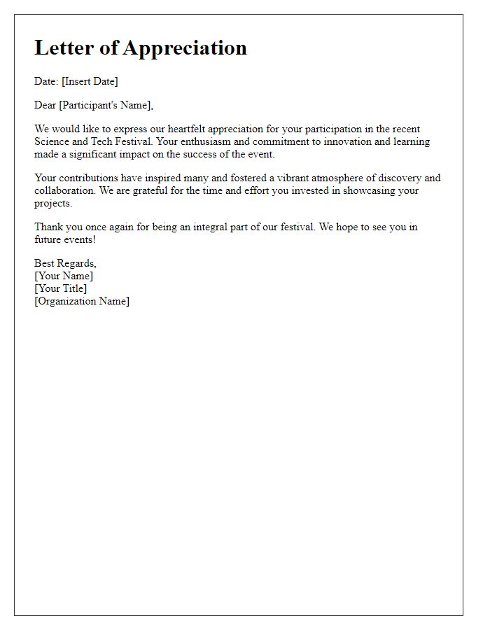 Letter template of Appreciation for Participants of Science and Tech Festival