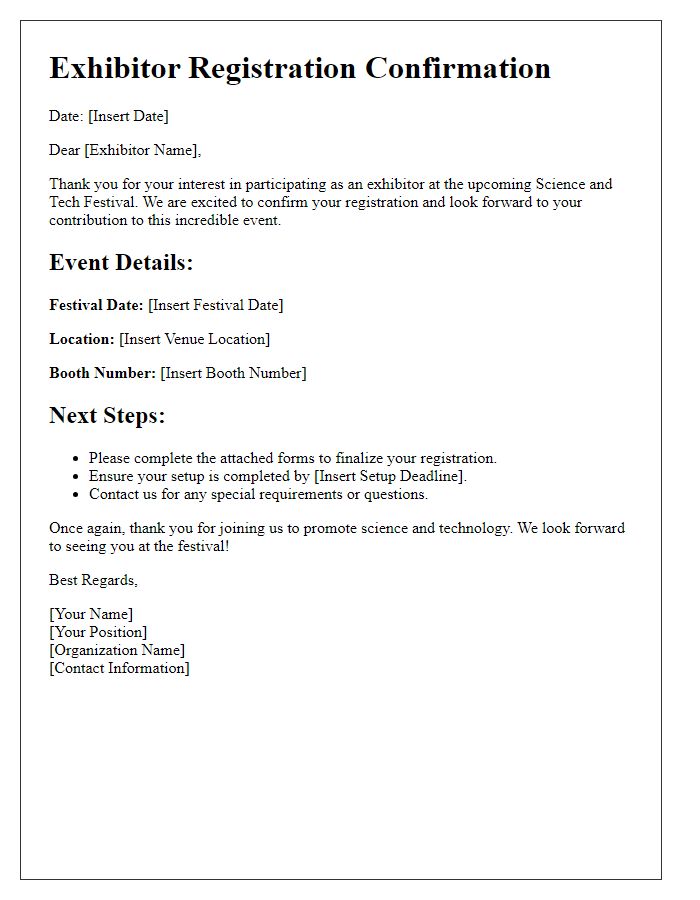 Letter template of Exhibitor Registration for Science and Tech Festival