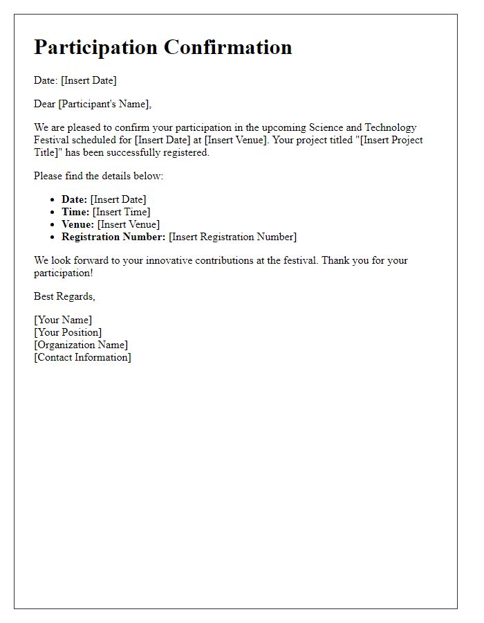 Letter template of Participation Confirmation for Science and Tech Festival