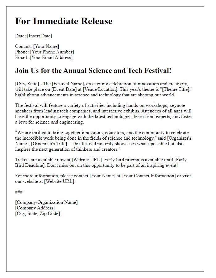 Letter template of Press Release for Science and Tech Festival