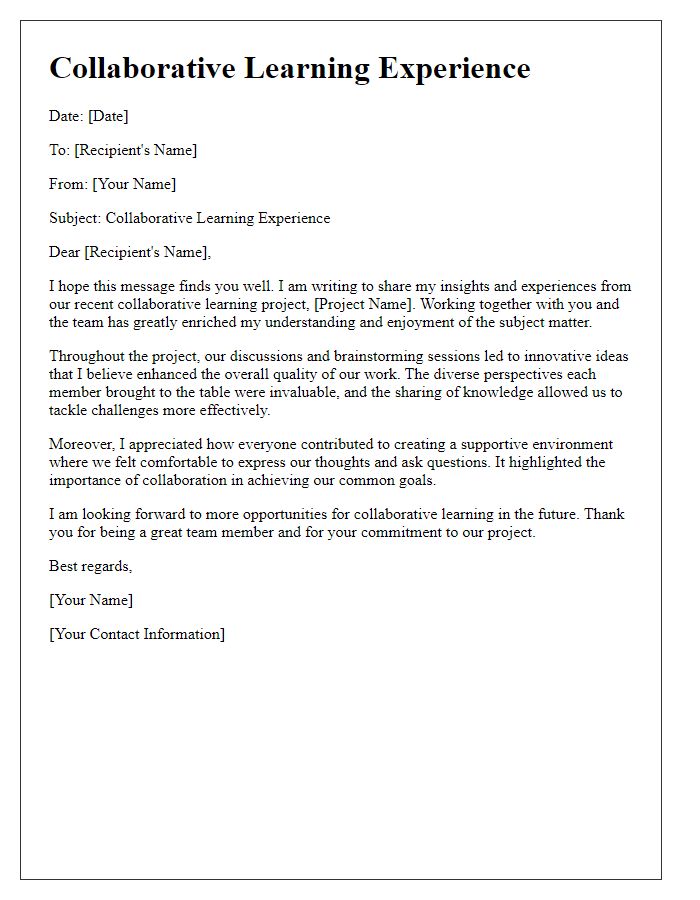 Letter template of collaborative learning experiences