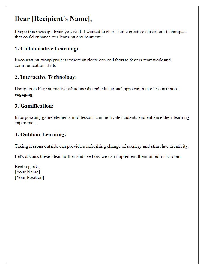 Letter template of creative classroom techniques