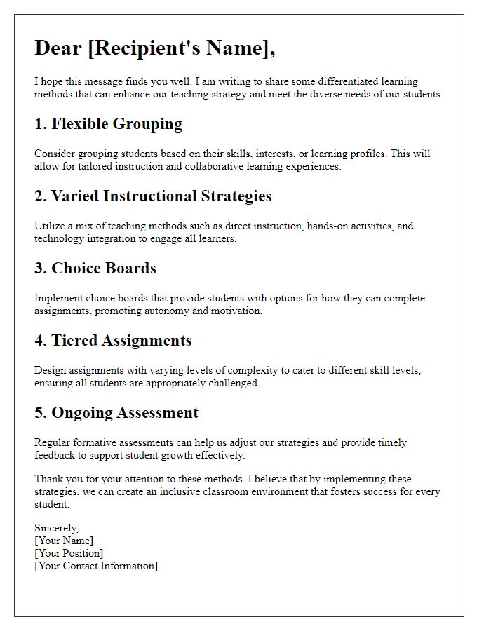 Letter template of differentiated learning methods