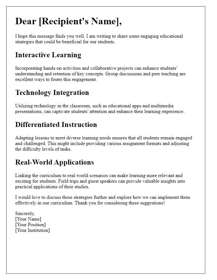 Letter template of engaging educational strategies