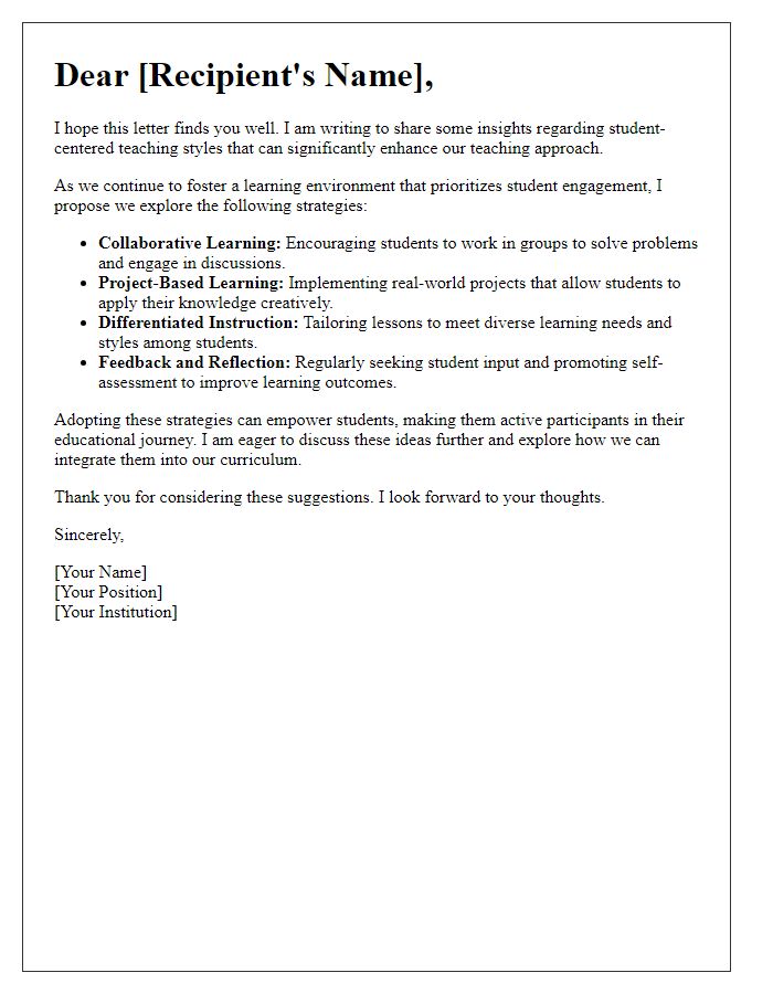 Letter template of student-centered teaching styles