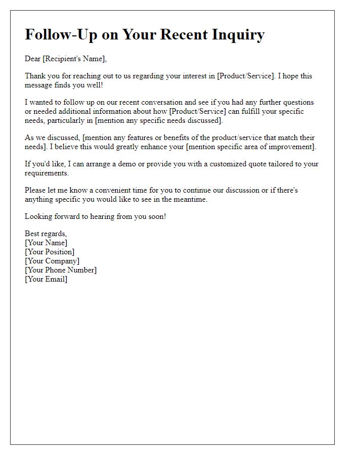 Letter template of customized sales follow-up based on needs