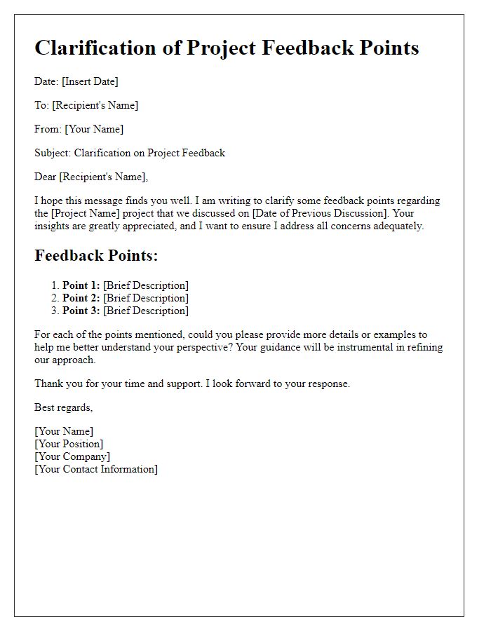 Letter template of clarifying project feedback points