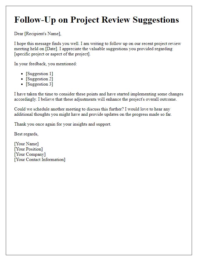 Letter template of follow-up on project review suggestions