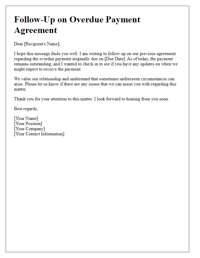 Letter template of overdue payment agreement follow-up