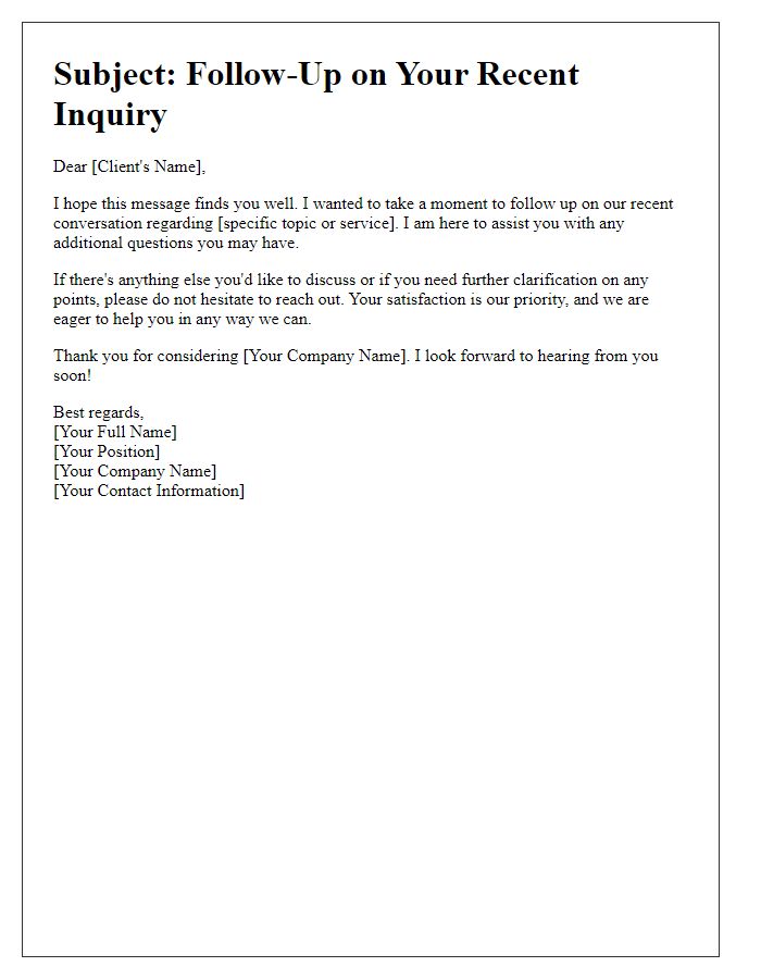 Letter template of follow-up for additional client questions