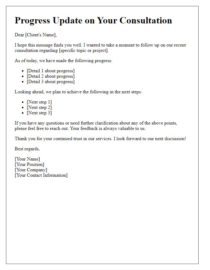 Letter template of follow-up client consultation progress update