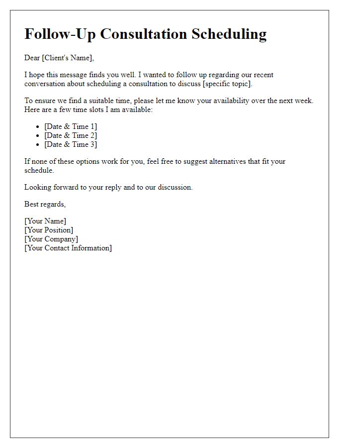 Letter template of follow-up client consultation scheduling