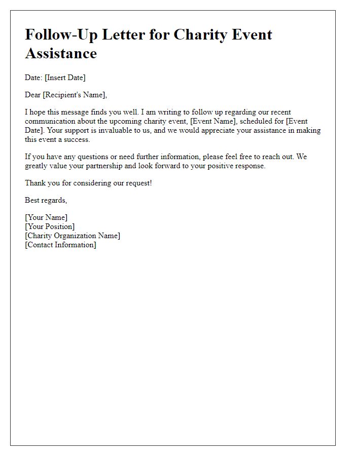 Letter template of follow-up for charity event assistance