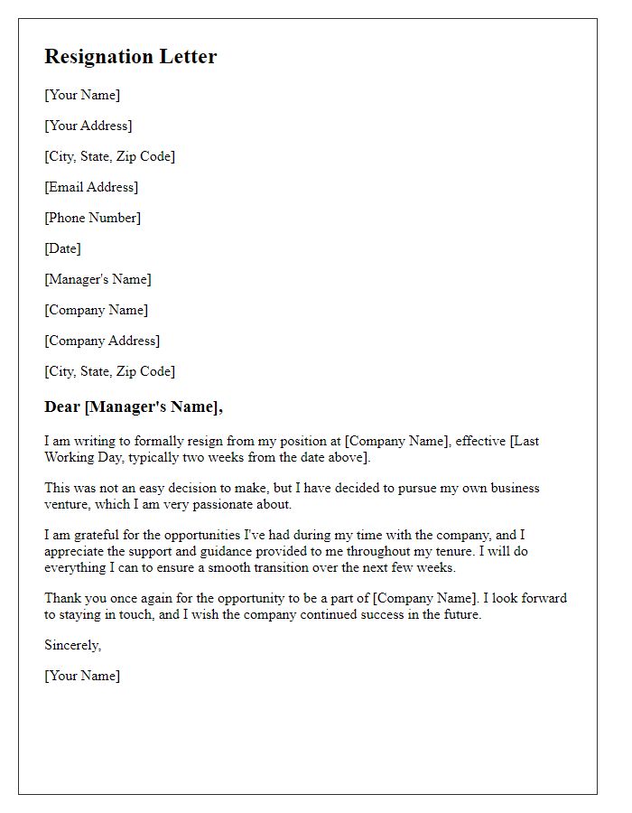 Letter template of resignation for remote job to start a business