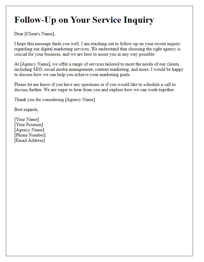 Letter template of service inquiry follow-up for digital marketing agencies