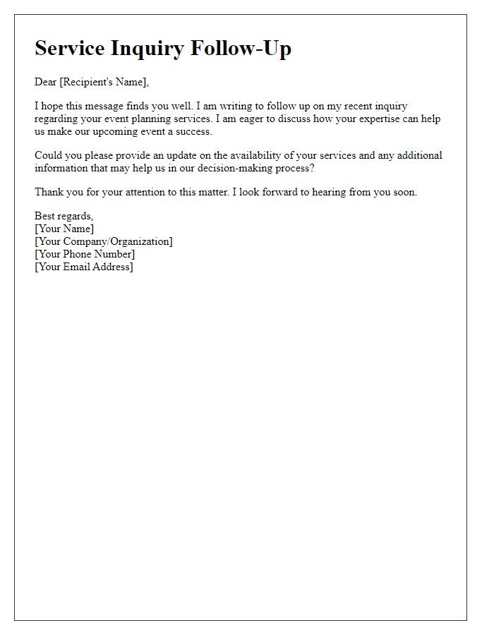 Letter template of service inquiry follow-up for event planning services