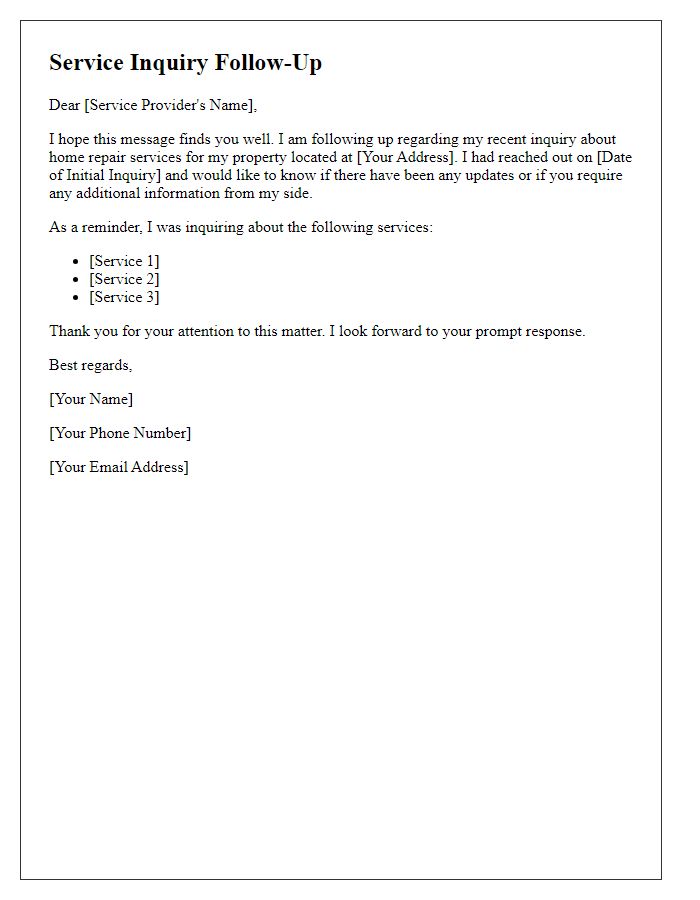 Letter template of service inquiry follow-up for home repair services