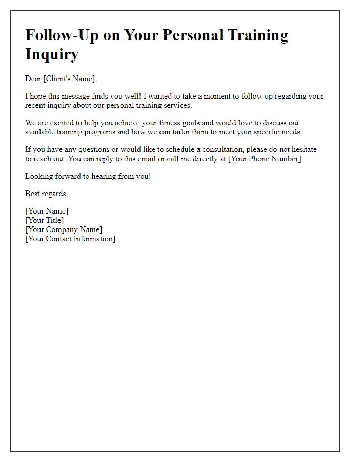 Letter template of service inquiry follow-up for personal training services