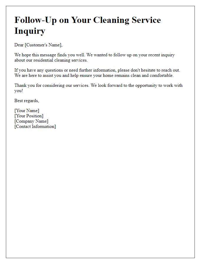 Letter template of service inquiry follow-up for a residential cleaning service