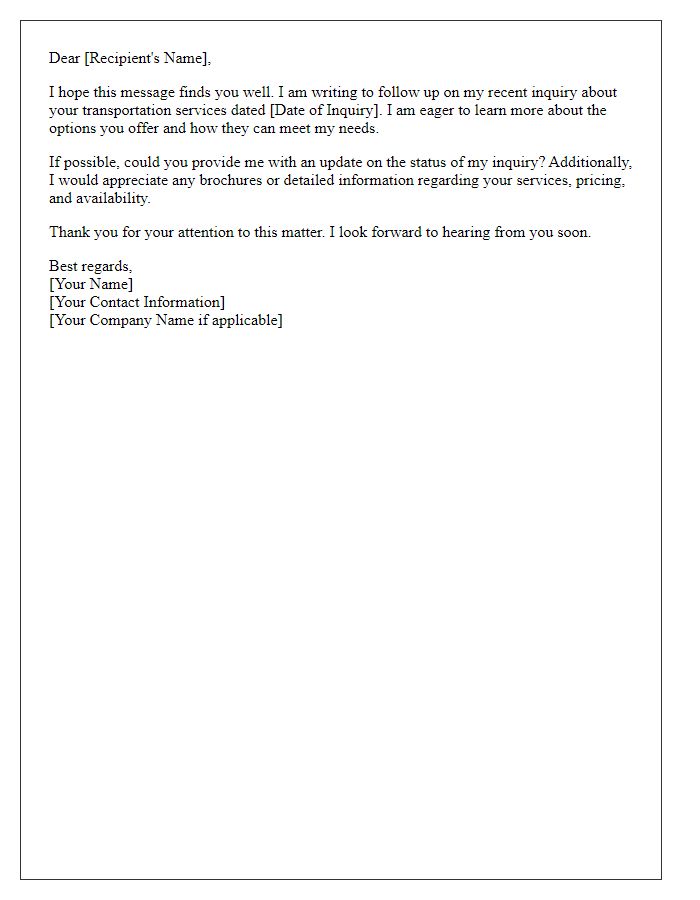 Letter template of service inquiry follow-up for transportation services