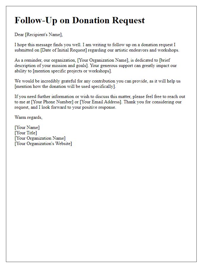 Letter template of follow-up on donation request for artistic endeavors and workshops