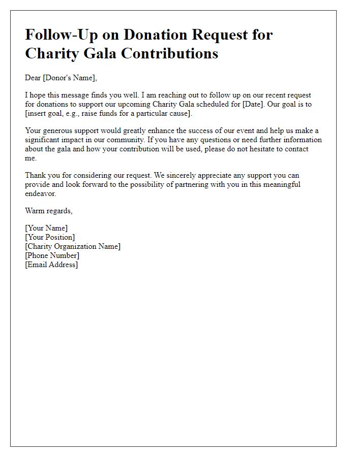 Letter template of follow-up on donation request for charity gala contributions