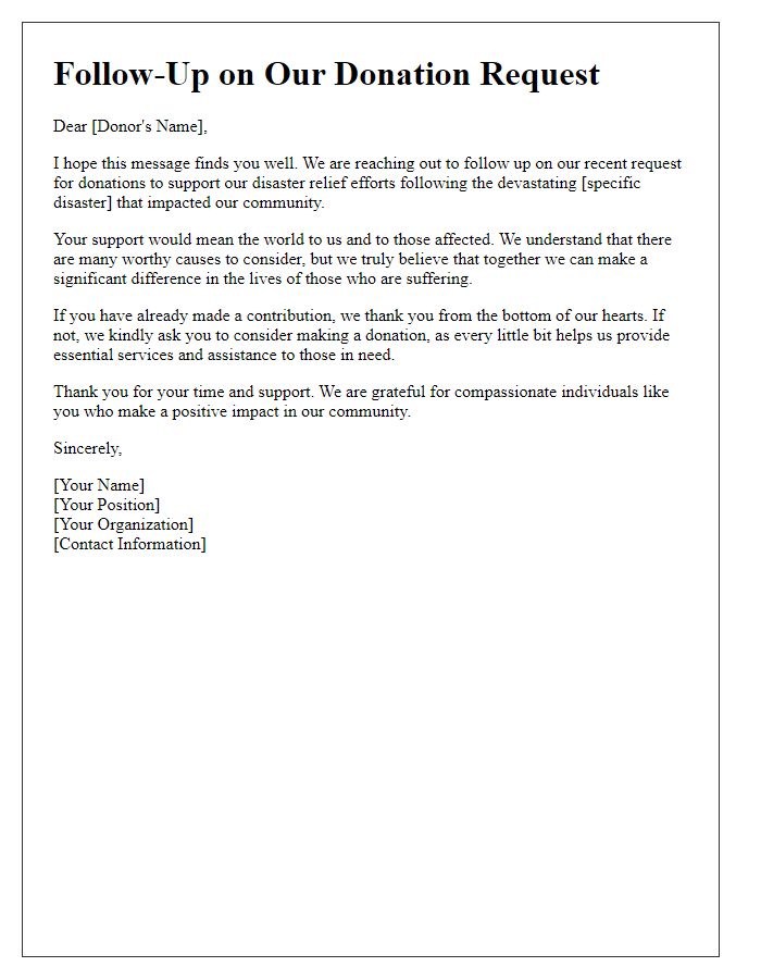 Letter template of follow-up on donation request for disaster relief efforts