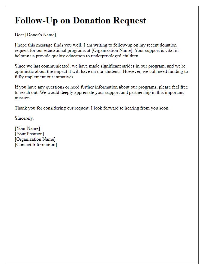 Letter template of follow-up on donation request for educational programs